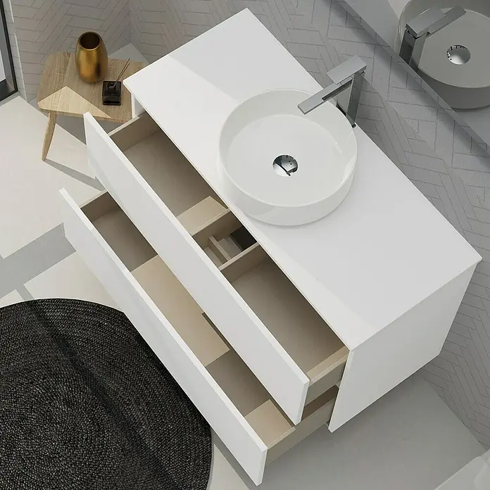 Artysan Conjunto de mueble de baño Harmony Top - Ancho: 100 cm, Blanco, 4 pzs. - Lavabo de baño moderno con cajones abiertos y un elegante lavabo redondo sobre una superficie brillante.