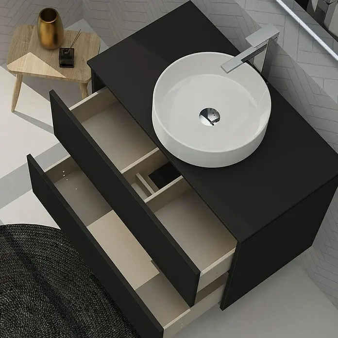 Artysan Conjunto de mueble de baño Harmony Top - Ancho: 80 cm, Negro, 4 pzs. - Mueble de baño moderno con tocador negro, lavabo sobre encimera redondo y cajones abiertos para almacenaje con estilo.