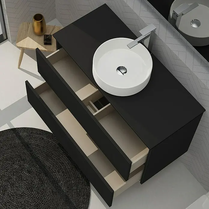Artysan Conjunto de mueble de baño Harmony Top - Ancho: 100 cm, Negro, 4 pzs. - Mueble de baño negro con cajones abiertos y lavabo sobre encimera para un diseño de baño moderno.