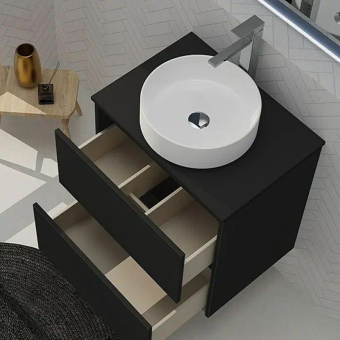 Artysan Conjunto de mueble de baño Harmony Top - Ancho: 60 cm, Negro, 4 pzs. - Unidad de baño moderna con tocador negro, lavabo sobre encimera y dos cajones para un almacenamiento elegante.