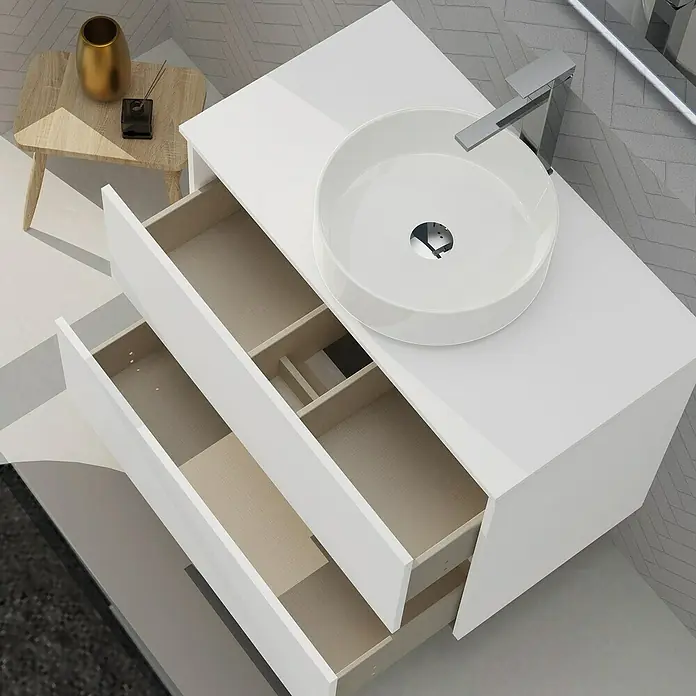 Artysan Conjunto de mueble de baño Harmony Top - Ancho: 80 cm, Blanco, 4 pzs. - Baño moderno con tocador blanco, lavabo sobre encimera y cajones abiertos para una apariencia elegante.