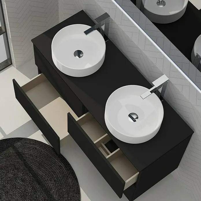 Artysan Conjunto de mueble de baño Harmony Top - Ancho: 120 cm, Negro, 4 pzs. - Tocador doble con armarios negros y cajones abiertos, con lavabos sobre encimera redondos blancos y grifos cromados.