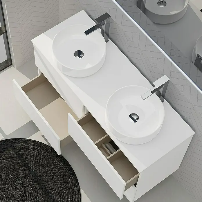 Artysan Conjunto de mueble de baño Harmony Top - Ancho: 120 cm, Blanco, 4 pzs. - Un moderno mueble de baño doble en blanco con dos lavabos redondos y grifos minimalistas, con cajones abiertos.