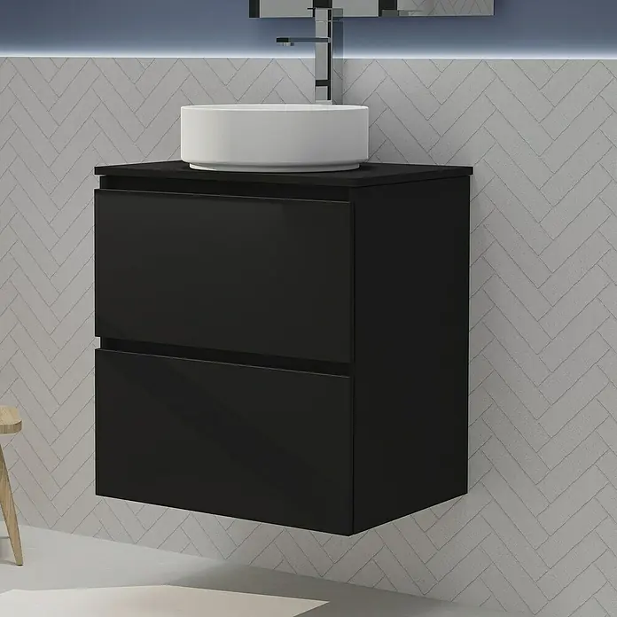 Artysan Conjunto de mueble de baño Harmony Top - Ancho: 60 cm, Negro, 4 pzs. - Elegante conjunto de tocador negro con dos cajones y lavabo sobre encimera para un diseño de baño moderno y minimalista.