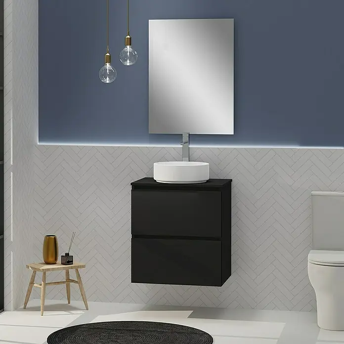 Artysan Conjunto de mueble de baño Harmony Top - Ancho: 60 cm, Negro, 4 pzs. - Elegante interior de baño con un moderno mueble de lavabo negro, un lavabo sobre encimera redondo e iluminación elegante.