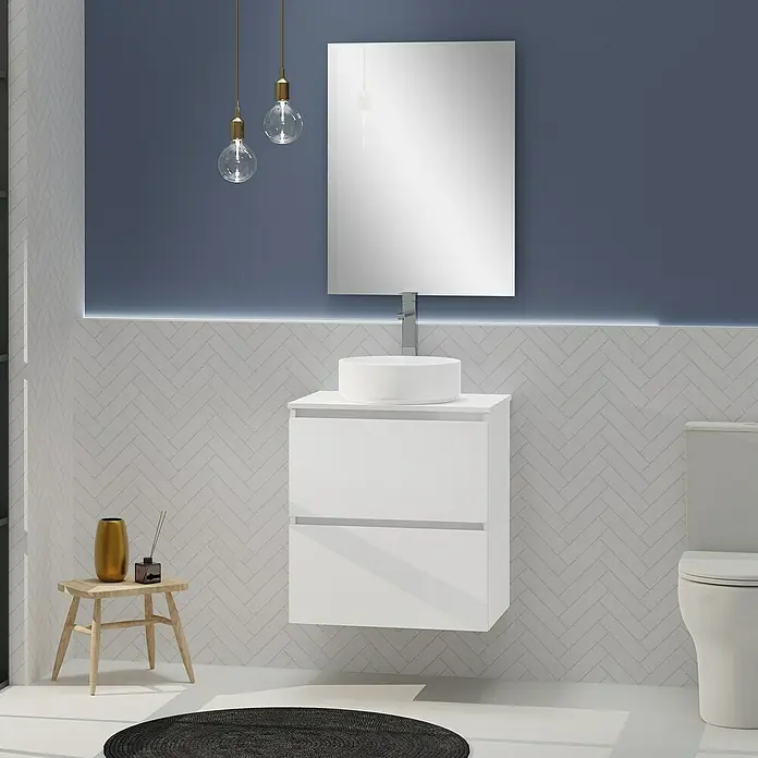 Artysan Conjunto de mueble de baño Harmony Top - Ancho: 60 cm, Blanco, 4 pzs. - Diseño de baño moderno con un mueble de lavabo blanco, un lavabo de encimera redondo y un espejo elegante.