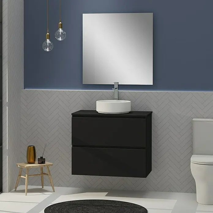 Artysan Conjunto de mueble de baño Harmony Top - Ancho: 80 cm, Negro, 4 pzs. - Diseño moderno de baño con mueble de lavabo negro, lavabo redondo y espejo cuadrado colgado en la pared.