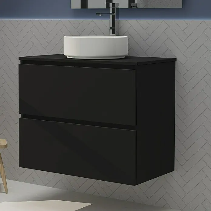 Artysan Conjunto de mueble de baño Harmony Top - Ancho: 80 cm, Negro, 4 pzs. - Elegante mueble de baño negro de pared con dos cajones y un moderno lavabo sobre encimera redondo.