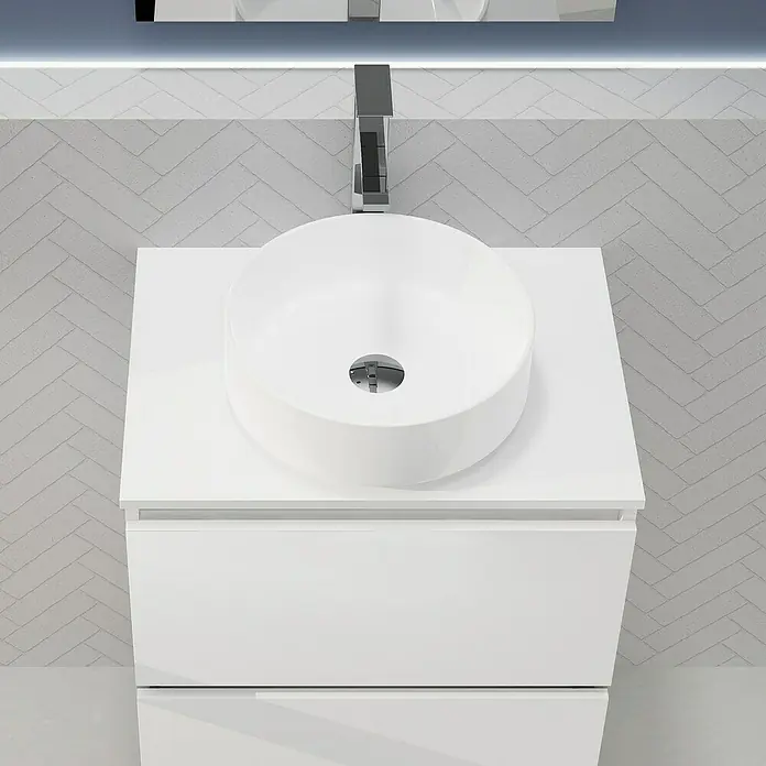 Artysan Conjunto de mueble de baño Harmony Top - Ancho: 60 cm, Blanco, 4 pzs. - Lavabo de baño moderno con lavabo de sobre encimera redondo y mueble blanco para un diseño elegante y minimalista.