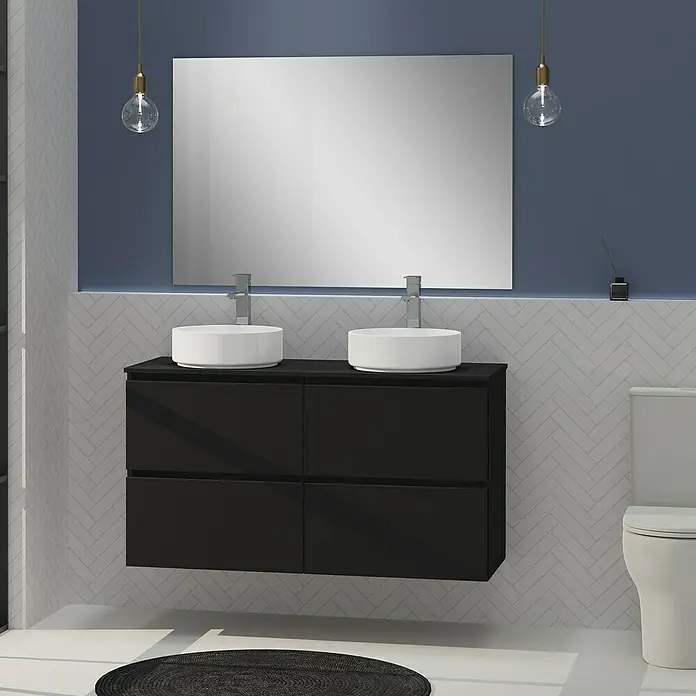 Artysan Conjunto de mueble de baño Harmony Top - Ancho: 120 cm, Negro, 4 pzs. - Elegante interior de baño con mueble de lavabo doble negro, lavabos sobre encimera blancos y un gran espejo rectangular.