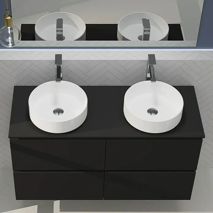 Artysan Conjunto de mueble de baño Harmony Top - Ancho: 120 cm, Negro, 4 pzs. - Moderno baño con doble lavabo sobre un elegante mueble negro, complementado con un espejo con iluminación integrada.
