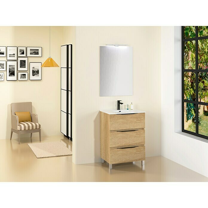 Conjunto de mueble de baño Abril (60 cm, 3 piezas, Nature, Mate)