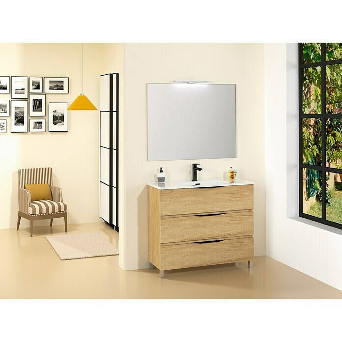 Conjunto de mueble de baño Abril Slim (100 cm, 3 piezas, Nature, Mate)