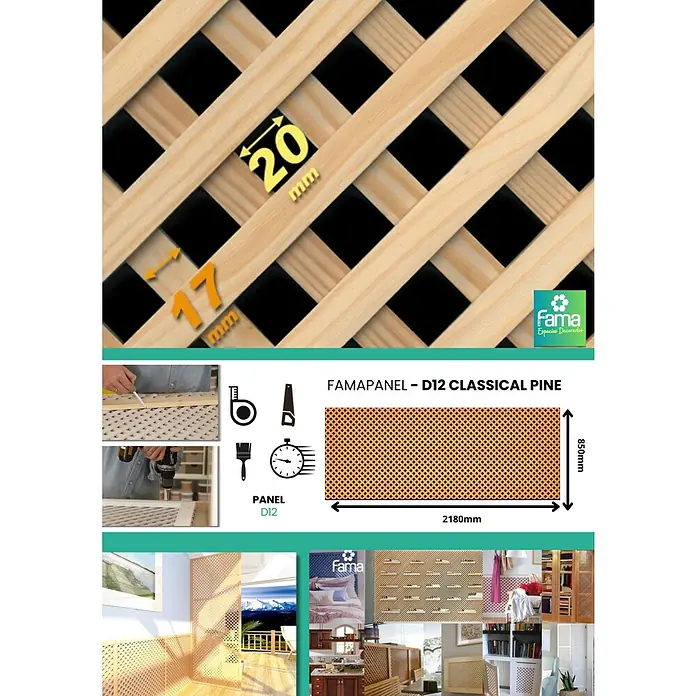 Celosía para exterior D12 Clásica - 85 x 218 cm - Vista detallada de la celosía de madera Famapanel D12 Classic Pine con dimensiones y ejemplos de aplicación.
