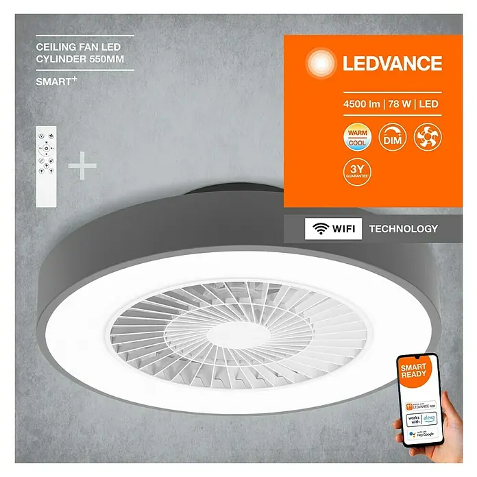 Ledvance Smart+ WiFi Deckenventilator - Grau, 55 cm, 78 W - Produktbild eines LEDVANCE Deckenventilators mit LED-Beleuchtung, Zylinderform und 550mm Durchmesser, inklusive Smart+-Funktionen.