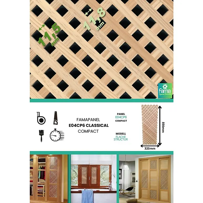 Celosía para exterior E4 Clásica - 32 x 85 cm - Primer plano de un panel de madera Famapanel E04CP6 Classical Compact con un patrón de celosía diagonal e indicaciones de dimensiones.