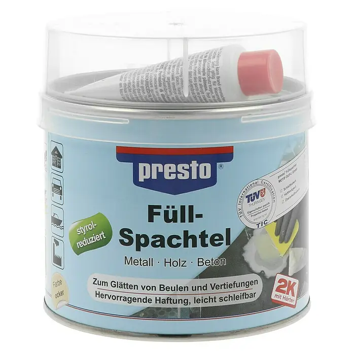 Presto Füllspachtel - 1 kg, Materialeignung: Metall - Bild eines "presto Füll-Spachtel"-Eimers, ideal zum Ausgleichen von Unebenheiten auf Metall, Holz und Beton, inklusive Härter für bessere Ergebnisse.