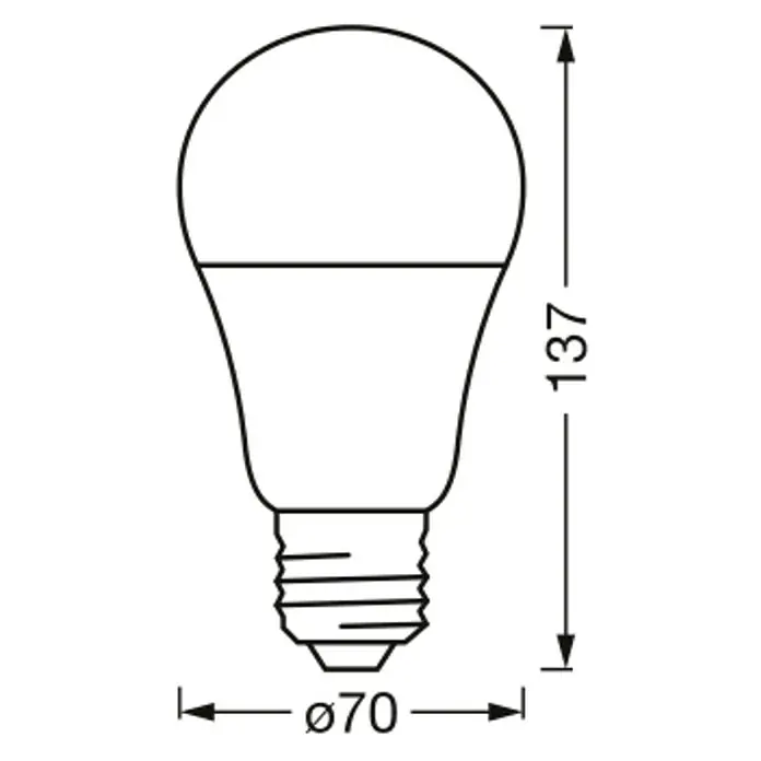 Osram Smart-LED-Lampe - E27, Dimmbar, Mehrfarbig, 1.521 lm, 14 W - Darstellung einer LED-Lampe mit den Maßen 137 mm Höhe und 70 mm Durchmesser, ideal für technische Datenblätter und Produktinformationen.