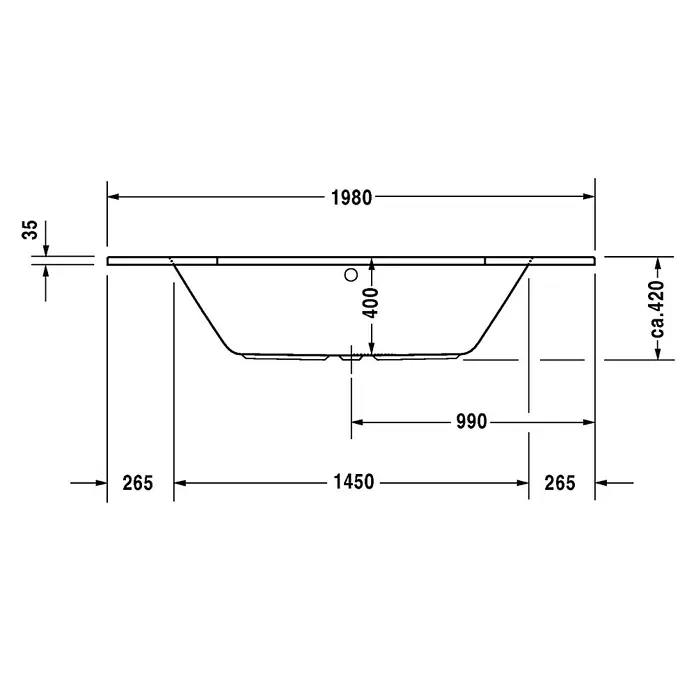 Duravit D-Code Eckbadewanne - L x B: 140 x 140 cm, Sanitäracryl, Weiß - Skizze eines rechteckigen Waschbeckens mit detaillierten Maßangaben, die die Größe und Proportionen des Waschbeckens veranschaulichen.