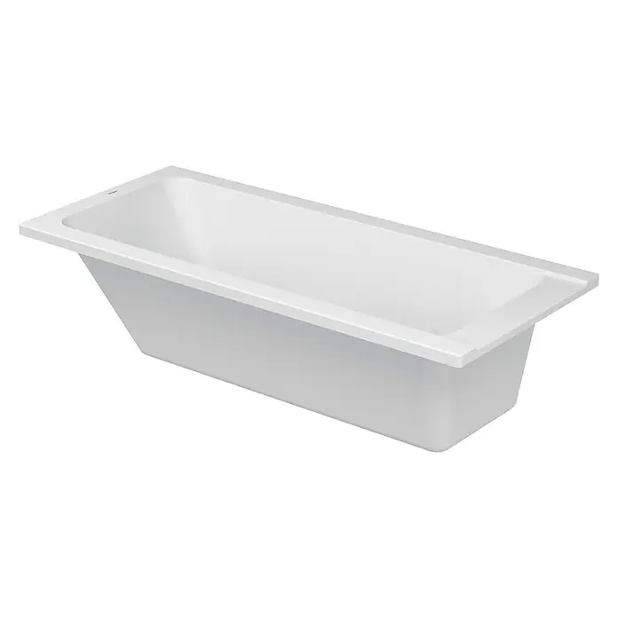 Duravit D-Code Badewanne - 160 x 70 cm, Sanitäracryl, Weiß, Position Ablauföffnung: Fußende - Helle Badewanne auf schwarzem Hintergrund. Die Badewanne hat ein modernes Design und eine rechteckige Form mit abgerundeten Ecken.
