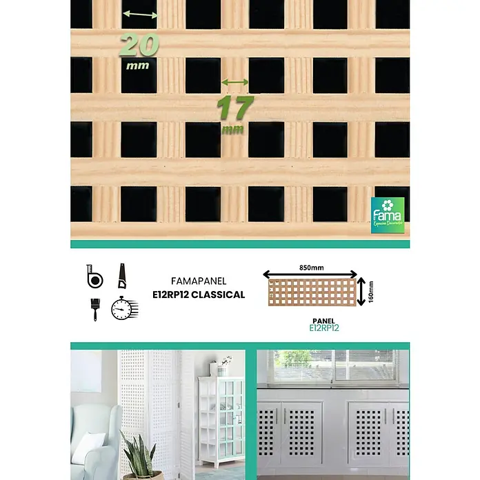 Celosía para exterior E12 Recto - 16 x 85 cm - FAMAPANEEL E12RP12 CLASSIC: Enrejado de madera con aberturas cuadradas, ideal para fines decorativos y proyectos de bricolaje. Dimensiones: 850mm x 160mm.