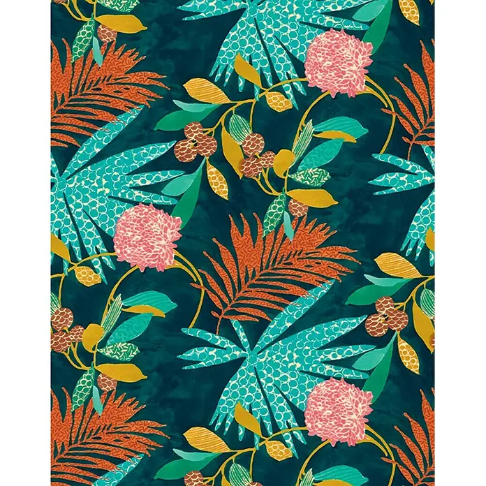SCHÖNER WOHNEN-Kollektion Fototapete Digitaldruck - B x H: 212 x 270 cm, Vlies, Bunt - Florales Muster mit tropischen Blättern und Blüten in lebhaften Farben auf dunklem Hintergrund.