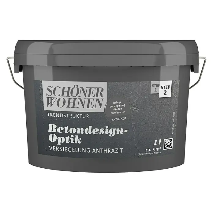 SCHÖNER WOHNEN-Farbe Betondesign-Optik Versiegelung - Anthrazitgrau, 1 l, Passend für: SCHÖNER WOHNEN-Farbe Betondesign-Optik Flächenspachtel - Abbildung eines grauen Eimers "Schöner Wohnen Betondesign Optik" Versiegelung Anthrazit.