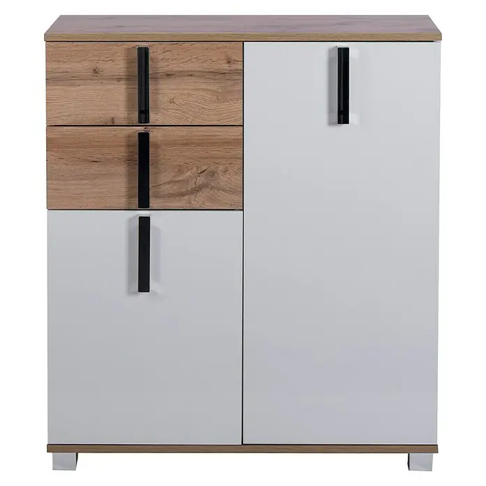 Schildmeyer Luca Unterschrank - 81 x 32 x 95 cm, Weiß/Wotaneiche - Modernes Sideboard mit Schubladen in Holzoptik und weißem Schrankteil, akzentuiert durch schlanke, schwarze Griffe. Stilvolle Aufbewahrungslösung.