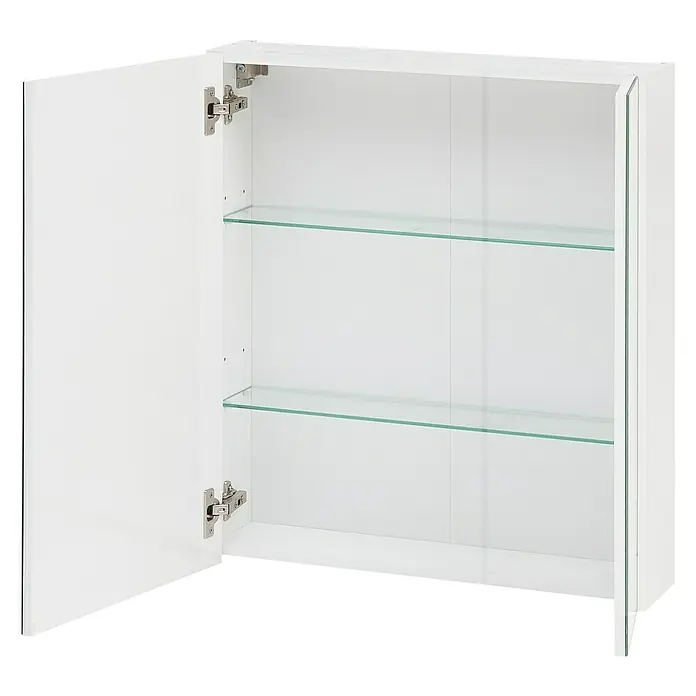 Schildmeyer Spiegelschrank Basic - B x H: 60 x 70,7 cm, Ohne Beleuchtung, Holz, Weiß - Foto von einem weißen Spiegelschrank mit zwei Glasböden und einer geöffneten Tür. Der Badezimmerschrank ist modern.
