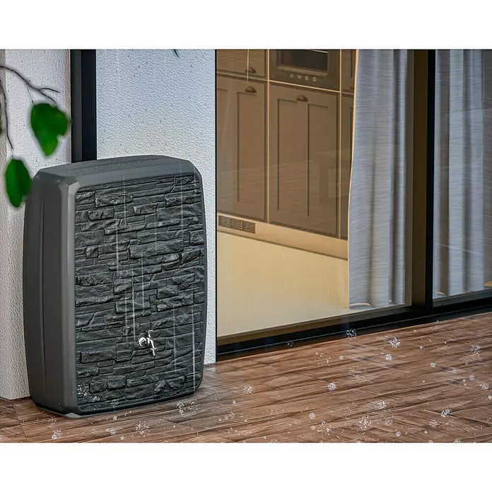 Arves Regenspeicher Multitank - 250 l, Anthrazit, 1 Stk. - Stilvolle Regentonne in Steinoptik. Der Wasserhahn und die fallenden Regentropfen ergänzen das Erscheinungsbild.