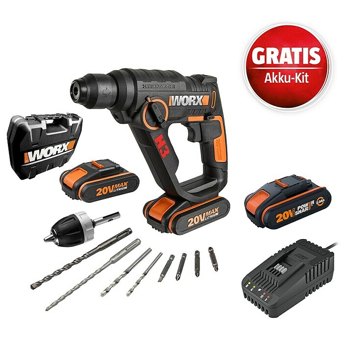 Worx PowerShare 20V Maschinenpaket (Worx PowerShare 20V Akku-Bohrhammer WX390.1 + 2 Ah Akku + Ladegerät, 12 -tlg.) | BAUHAUS