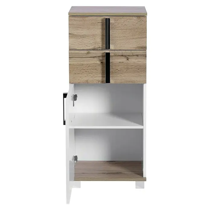 Schildmeyer Luca Unterschrank - 40 x 32 x 95 cm, Weiß/Wotaneiche - Das Bild zeigt einen Badezimmerschrank mit Schubladen und einem offenen Fach mit Regal in Weiß- und Holzoptik.