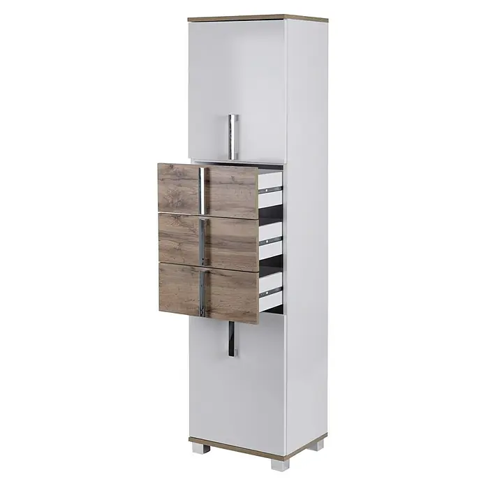 Schildmeyer Luca Hochschrank - 40 x 32 x 174 cm, Weiß/Wotaneiche - Moderner Kleiderschrank in Weiß mit Schubladen in Holzoptik und silberfarbenen Griffen für ein stilvolles Schlafzimmer.