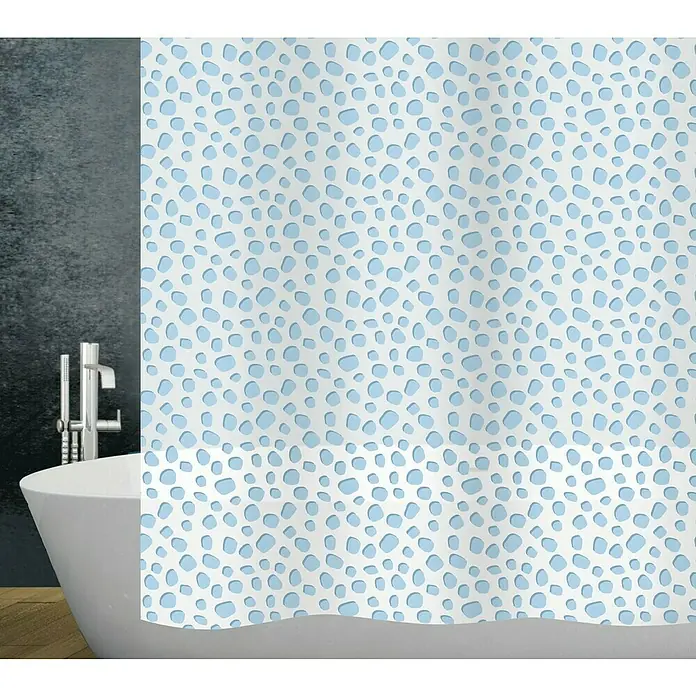 Diaqua Peva Duschvorhang PebbleB x H: 180 x 200 cm, Hellblau/Weiß - Duschvorhang mit blauem Punktmuster in einem Badezimmer mit Badewanne und Armatur. Das stilvolle Design verleiht dem Raum eine moderne Note.