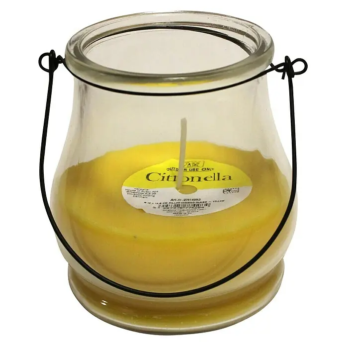 Duftkerze Citronella im Glas - Hängend, Gelb - Citronella Kerze im Glasbehälter mit Drahtbügel. Ideal für den Außenbereich, um Mücken fernzuhalten und eine angenehme Atmosphäre zu schaffen.
