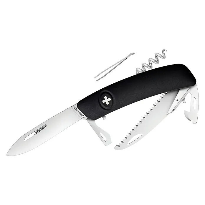 Swiza Taschenmesser D05 - Klingenlänge: 75 mm, Schwarz - Ein Swiza Schweizer Taschenmesser mit verschiedenen Werkzeugen, darunter Klinge, Säge und Korkenzieher, vor einem weißen Hintergrund.