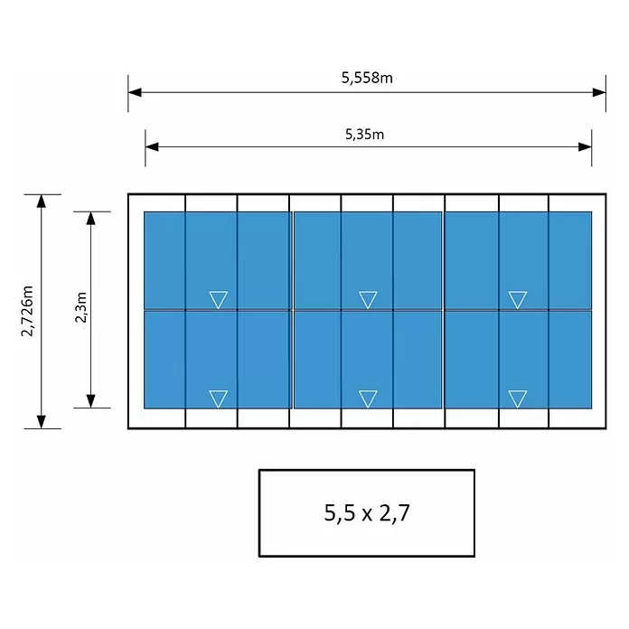 Ximax Solar-Set - 0% MwSt. gem. § 12 Abs. 3 UStG - 2.520 W, Passend für: Ximax Aluminium Design Carport Linea Sonderlänge 5558 x 2726 mm - Anordnungsplan für 10 blaue Module, inklusive Maßen und Ausrichtungsmarkierungen.