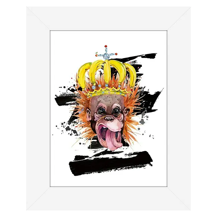 Cuadro Mono - Monkey, An x Al: 30 x 40 cm - La obra de arte enmarcada muestra un retrato juguetón en acuarela de un mono con una corona de plátanos contra salpicaduras de tinta negra. ¡Un verdadero atractivo!