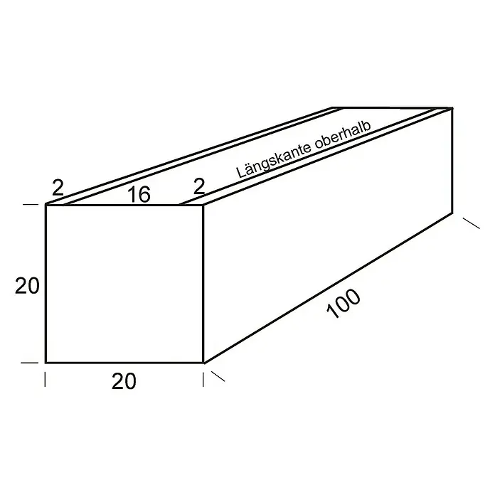 WMT Pflanzkasten - L x B x H: 100 x 20 x 20 cm, Silber, Geeignet für: Stabgitterzäune, Stahl - Abbildung eines rechteckigen Blumenkastens mit den Maßen 20x20x100 und einer oberen Kante von 16, umgeben von 2.
