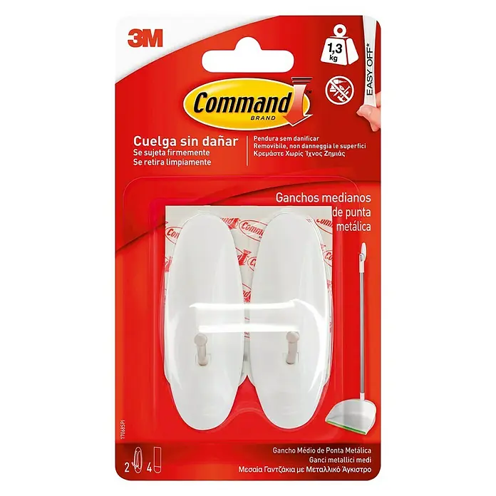 3M Command Colgador adhesivo 17068 - Plástico, Blanco - La imagen muestra un paquete de ganchos Command medianos con puntas metálicas para colgar sin dañar la superficie.