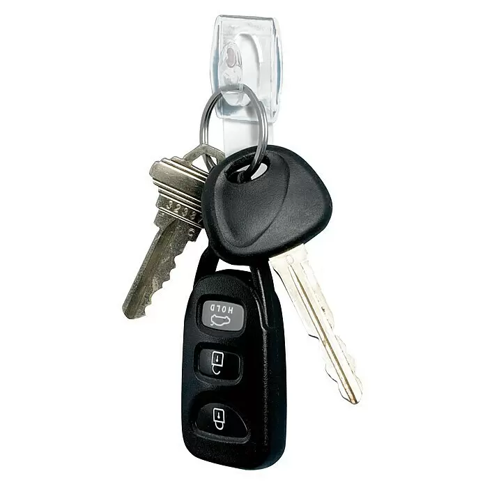 3M Command Gancho para colgar 17006CLR - Plástico, Transparente - Llaves de coche con mando a distancia negro y llaves plateadas colgando de un gancho de plástico transparente.