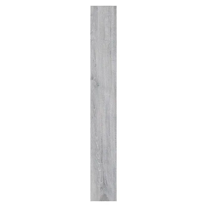 Classen Vinylbodenmuster GreenVinyl Eiche gekalkt Grau - 300 x 173 x 4 mm, Landhausdiele - Das Bild zeigt eine einzelne Vinylbodenfliese in einem hellen Grauton mit einer ausgeprägten Holzmaserung, die eine natürliche Optik verleiht.
