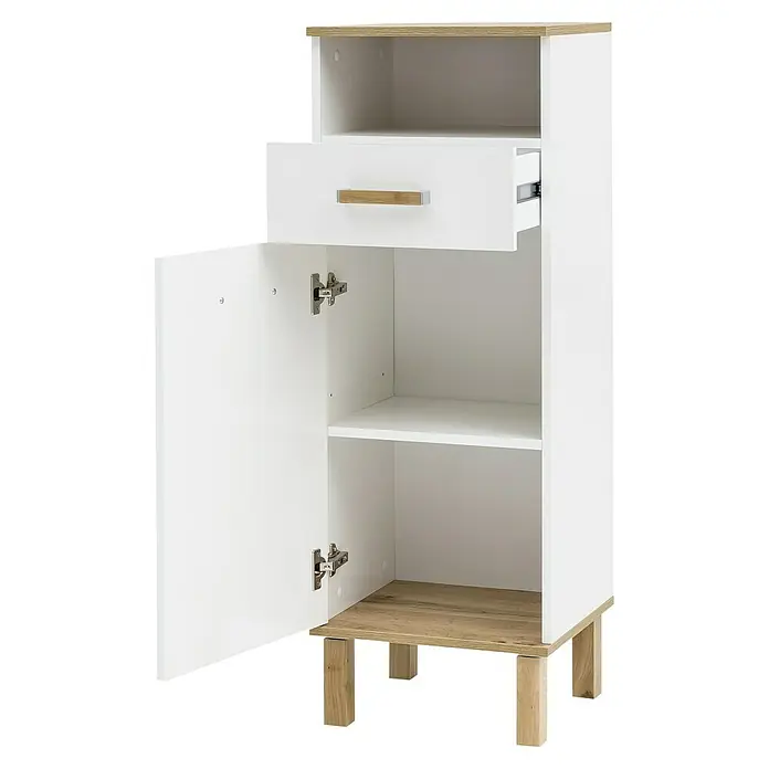 Schildmeyer Padua Highboard - 40 x 35 x 115 cm, Weiß/Eiche - Das Bild zeigt einen weißen Badezimmerschrank mit einer Schublade und einer Tür, die geöffnet ist, um das Innere zu zeigen.