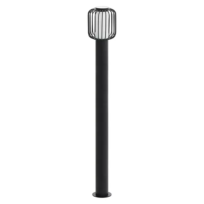 Eglo Ravello Lámpara de pie para exterior - 60 W, Color del marco: Negro, 16,5 x 16,5 x 110 cm, Sin bombillas - Imagen de una moderna lámpara de exterior negra con una pantalla de malla metálica, que ofrece una iluminación elegante para espacios exteriores.