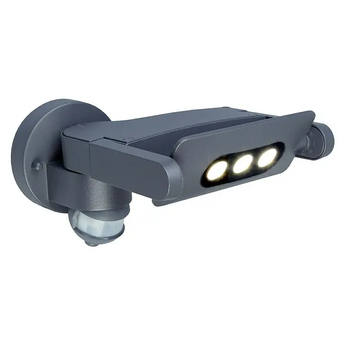 Lutec Aplique LED con sensor - 9 W, L x An x Al: 23 x 23 x 13,5 cm, Gris, Blanco neutro - Primer plano de una lámpara de pared exterior LED gris con sensor de movimiento. Cuenta con tres LED brillantes y un diseño moderno.