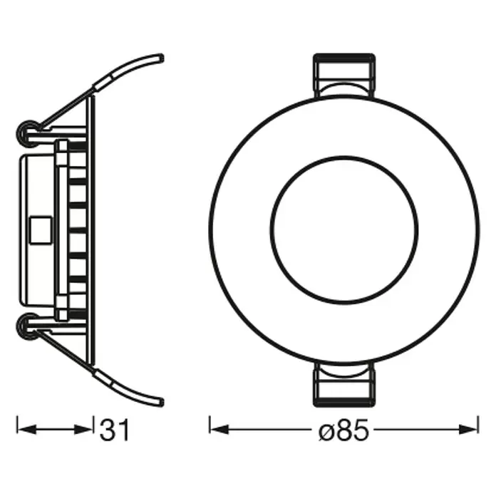 Osram LED-Einbauspot - Warmweiß, Durchmesser: 8,5 cm, Weiß - Technische Zeichnung eines runden Einbaustrahlers mit Maßen: Ø85mm Durchmesser, 31mm Tiefe.