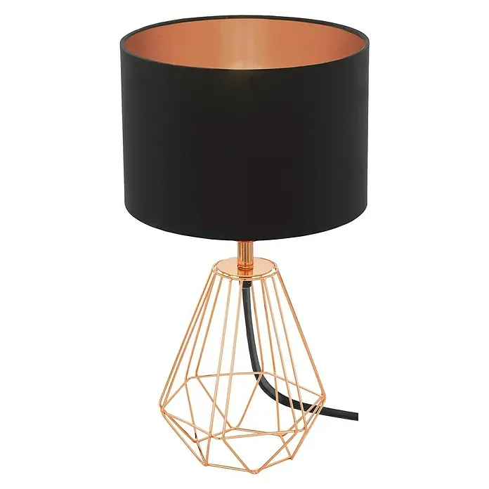 Eglo Carlton 2 Lámpara de sobremesa - 60 W, L x An x Al: 16,5 x 16,5 x 30,5 cm, Rosa dorado, E14 - Elegante lámpara de mesa con pantalla negra y estructura de alambre geométrica de color cobre. Perfecta para una iluminación elegante en tu espacio vital.