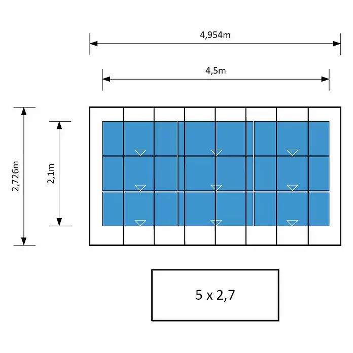 Ximax Solar-Set - 0% MwSt. gem. § 12 Abs. 3 UStG - 1.800 W, Passend für: Ximax Aluminium Design Carport Linea Standardgröße 4954 x 2726 mm - Layout-Plan für eine 10-Modul-Solaranlage mit Abmessungen 4,954m x 2,726m.