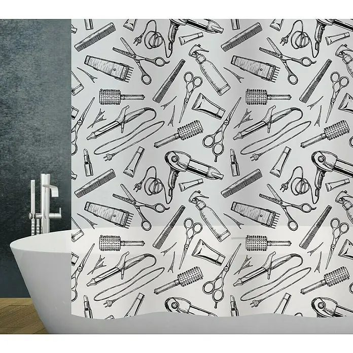 Diaqua Peva Duschvorhang BagnoB x H: 180 x 200 cm, Schwarz/Weiß - Eine Duschvorhang mit Friseur-Motiven in Schwarz-Weiß. Ein dekoratives und funktionales Accessoire für jedes Badezimmer, das Stil verleiht.