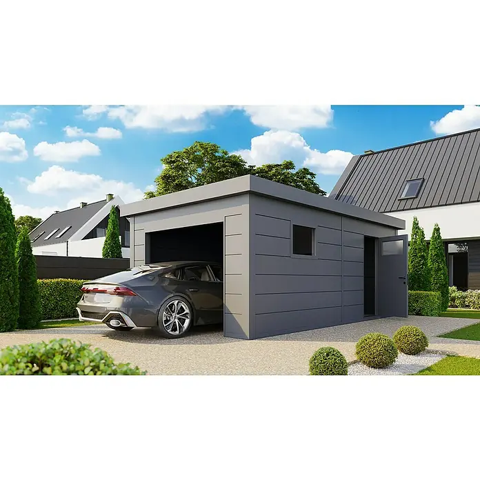 Telluria Garage Classico 3663G - Außenmaß inkl. Dachüberstand (B x T): 388 x 658 cm, Anthrazit, Stahl, Ohne Set - Moderne Fertiggarage in Grau mit Seitenfenster und geöffneter Tür, ein graues Auto steht teilweise in der Garage unter blauem Himmel.